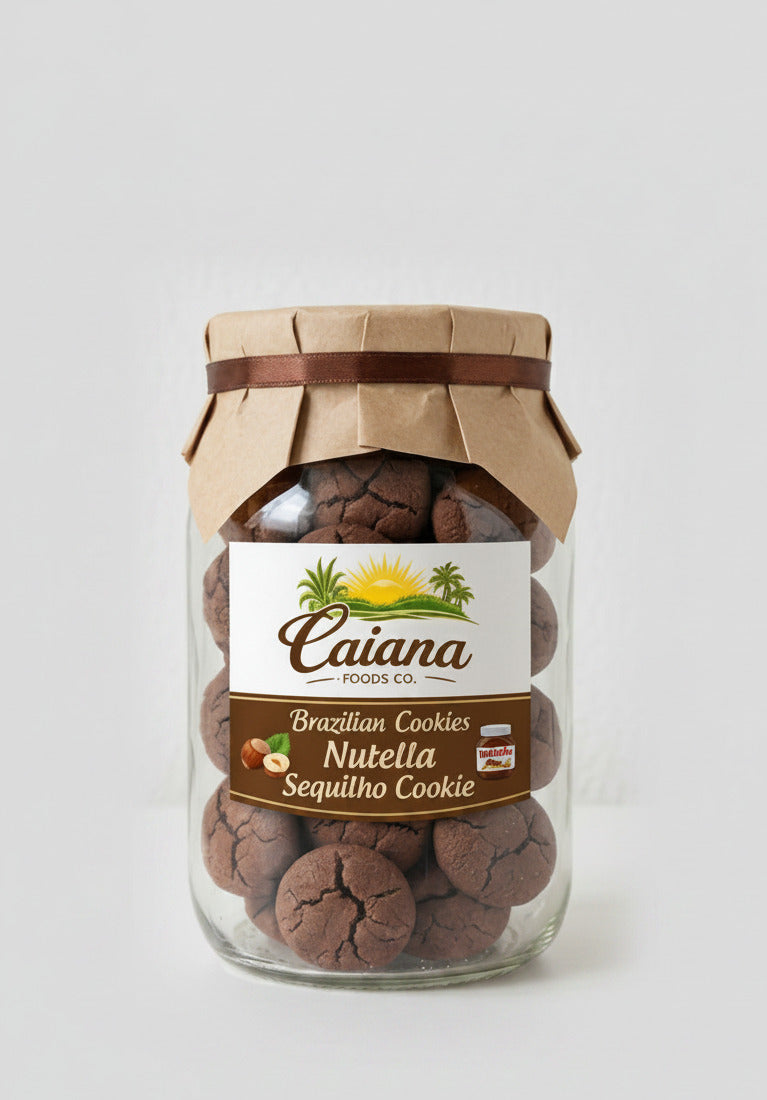 Jar of Brazilian cookies with Nutella flavor, branded 'Caiana Foods Co.'