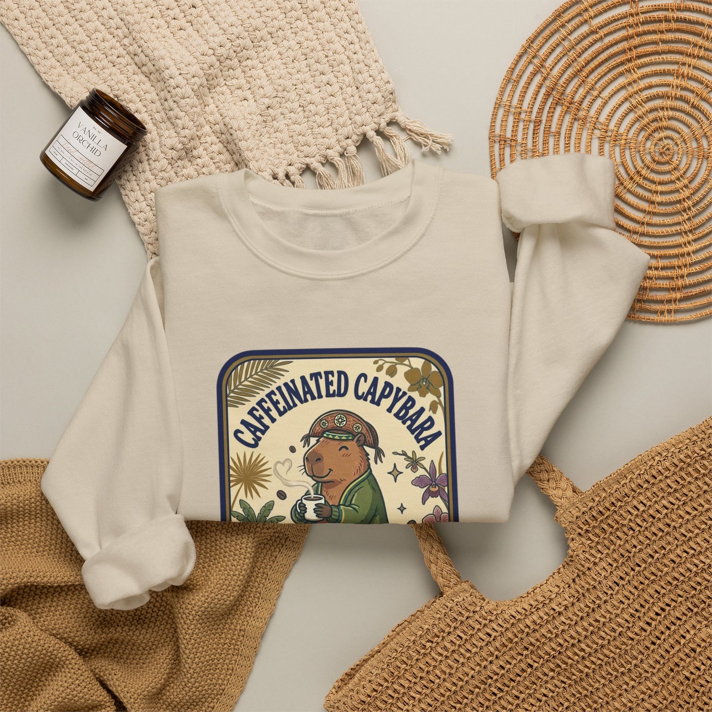 Caffeinated Capybara Crewneck Sweatshirt | Whimsical Creature Graphic