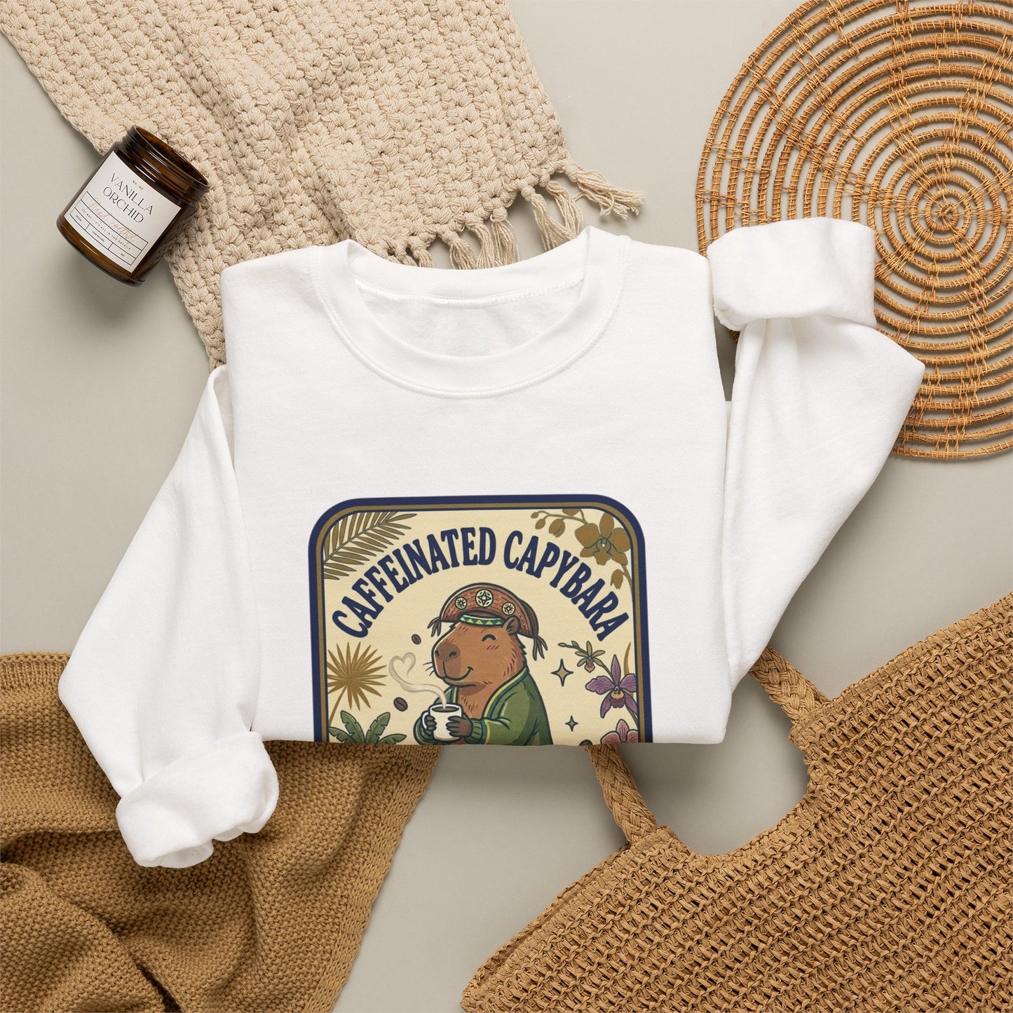 Caffeinated Capybara Crewneck Sweatshirt | Whimsical Creature Graphic