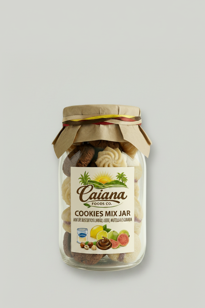 Jar of cookies mix with Caiana Foods Co. label on a light gray background
