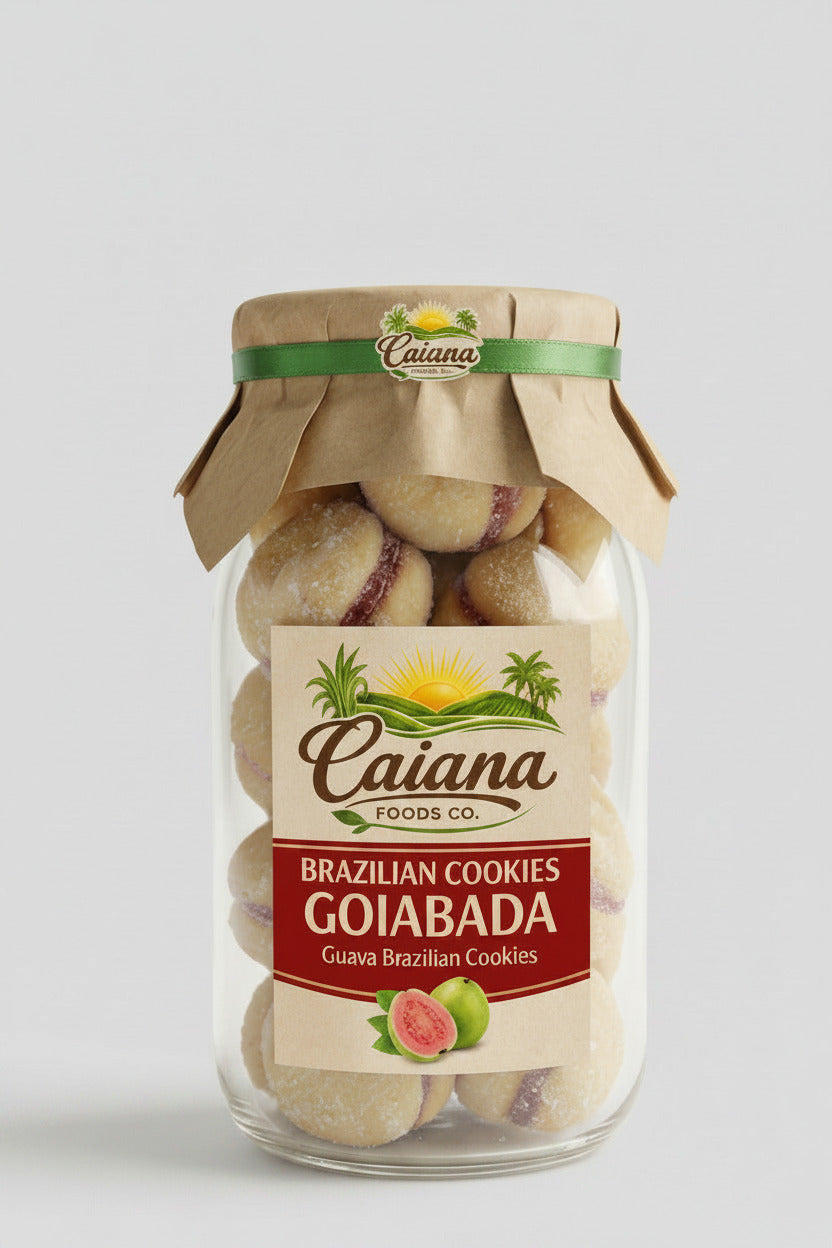 Jar of Caiana Brazilian Cookies Goiabada on a light gray background