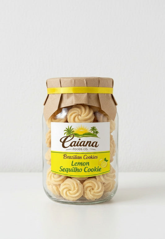 Jar of lemon cookies with Caiana Foods Co. label on a white background