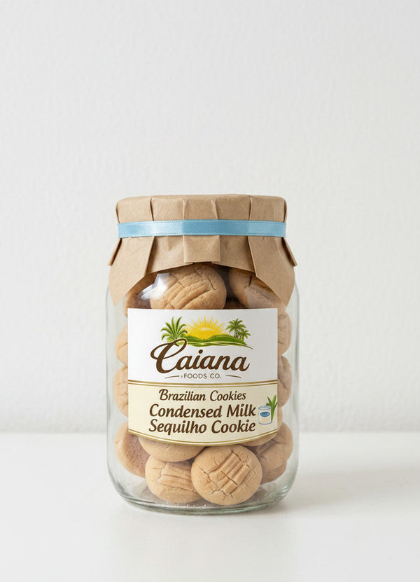 Jar of Caiana Foods Co. Brazilian Cookies with a label on a white background